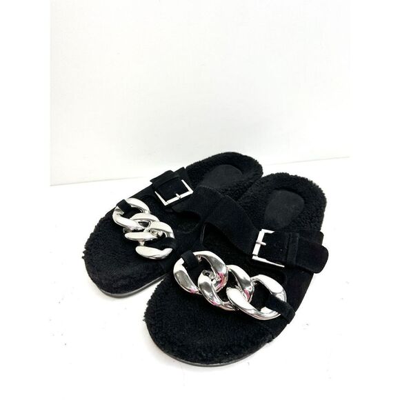 Marc Fisher Sandals Womens Size 6 Leather Black Fresno Shearling Sherpa Slides - Picture 5 of 10